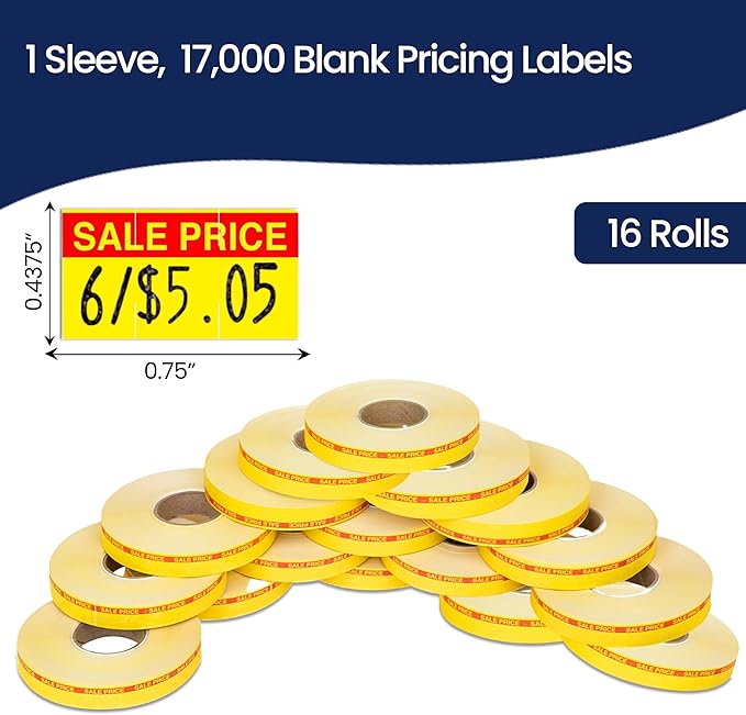 Perco Red Reverse Print on Yellow Sale Price Labels for Monarch 1110 16 Rolls with 1 Free Ink Roller