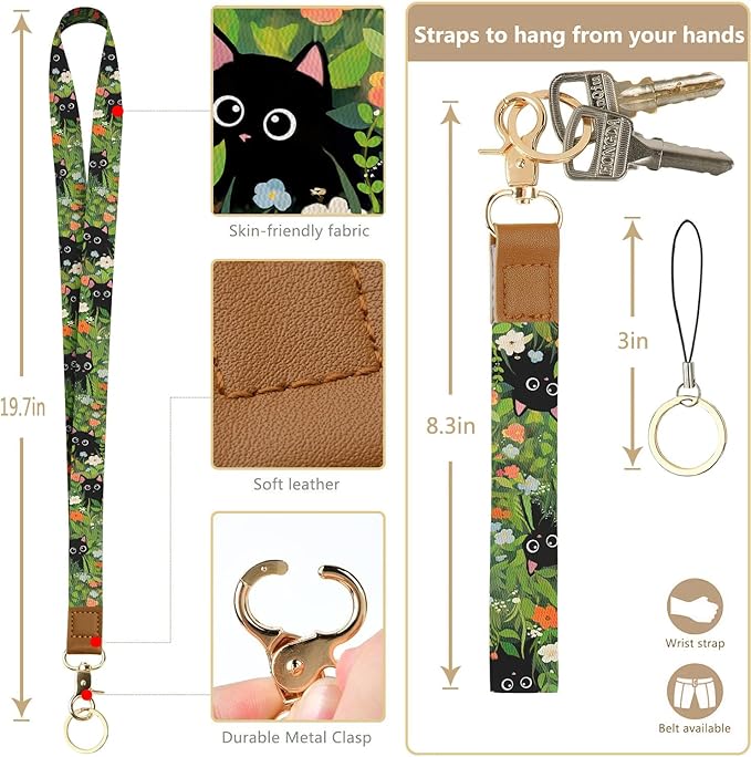 bolimoss Cute 2-in-1 ID Badge Holder & Lanyard Wallet, Black Cat Floral Wallet with Removable Wristlet & Neck Lanyard, Clear Window, 5 Card Slots, 1 Side Zipper Pocket, Ring Keychain