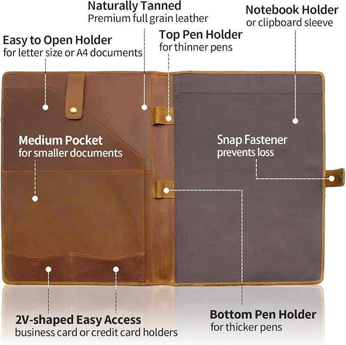 Jack&Chris Leather Portfolio, A4 Document Folder Legal Pad Padfolio, Professional Writing Letter Notepad Clipboard Sleeve Organizer, Resume Folio Binder for Men&Women,Brown
