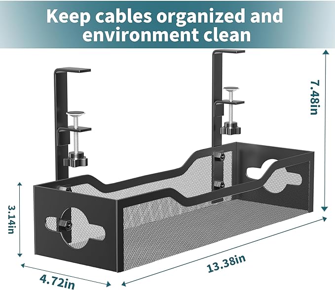 Under Desk Cable Management Tray 3 Pack, Cable Management Under Desk No Drill, Cable Organizer with Clamp for Wire Management, Cord Organizer for Office, Home - No Damage to Table (Black)