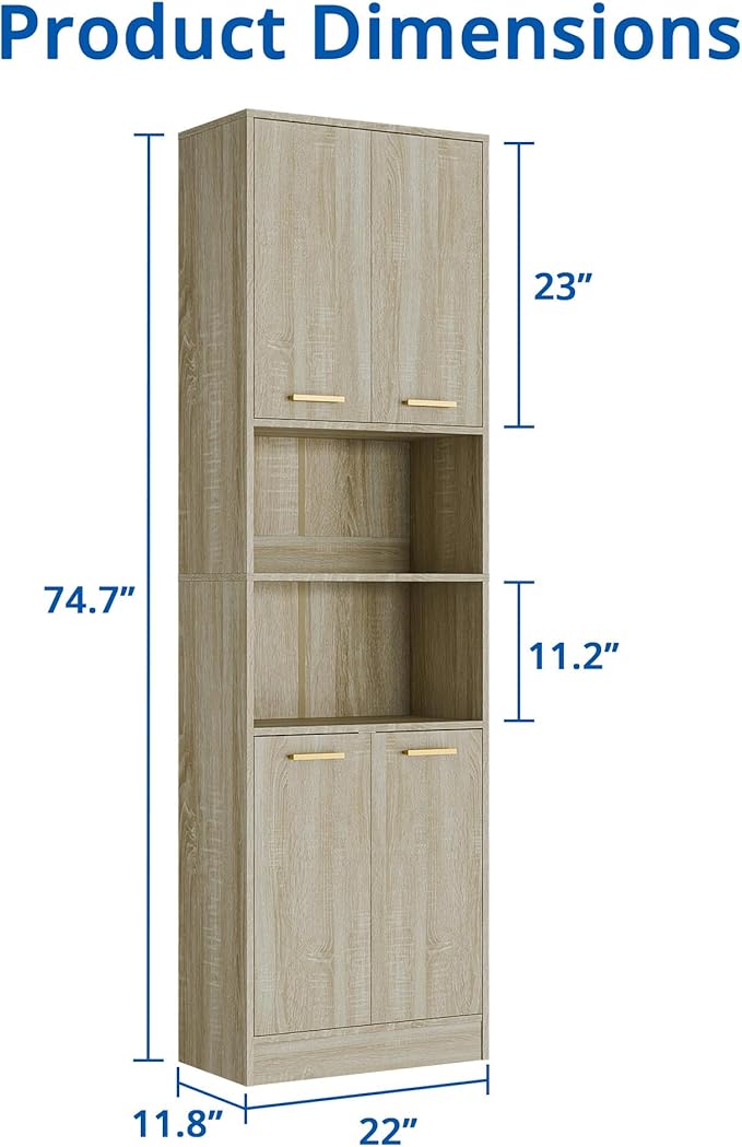 Cozy Castle Kitchen Pantry Cabinet, 75" Tall Wood Storage Cabinet with Doors and Shelves, 4 Doors Open Countertop Utility Hutch Cupboard for Dining Room Living Room Bathroom Furniture, Whitewashed Oak