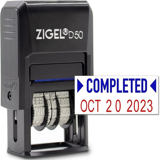 ZIGEL D50 Date Stamp with Completed - Self Inking Date Stamp - Blue/Red