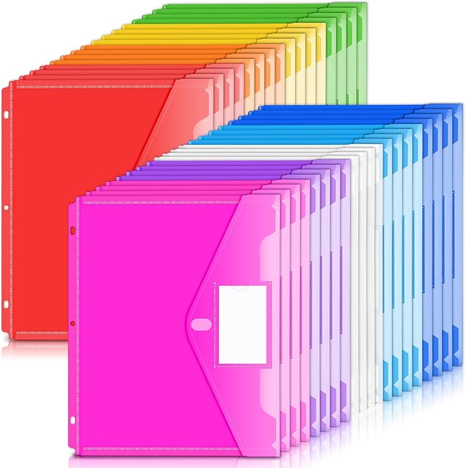 Forvencer Binder Pocket, 36 Pack Super Heavyweight Poly Binder Pocket with Tight Closure, Binder Folders Side Loading, 3 Ring Binder Pocket, Binder Dividers with Pockets, Letter Size, Assorted Colors