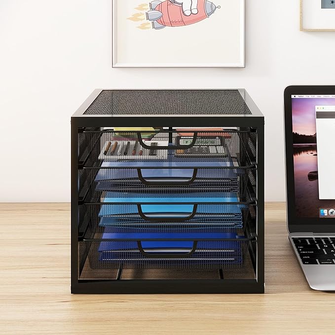 Natwind Mesh Desk Organizer with 4 Tier Sliding Drawers, Office Supplies Desktop Organizers and Accessories Stationery Storage, Paper Sorter, File Binder Organizer for Home Office School,Black