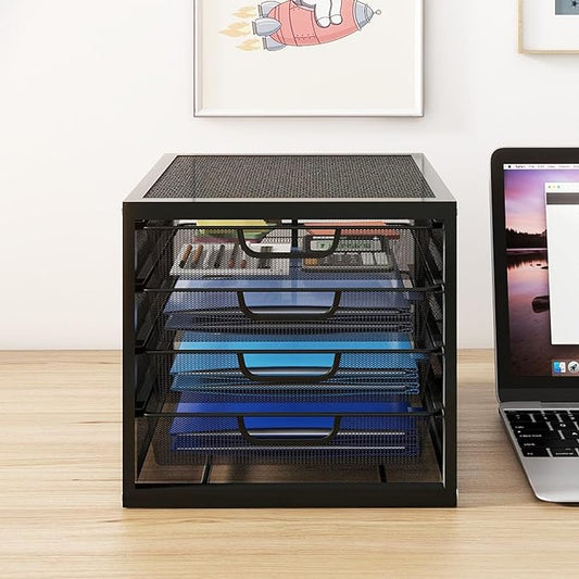 Natwind Mesh Desk Organizer with 4 Tier Sliding Drawers, Office Supplies Desktop Organizers and Accessories Stationery Storage, Paper Sorter, File Binder Organizer for Home Office School,Black