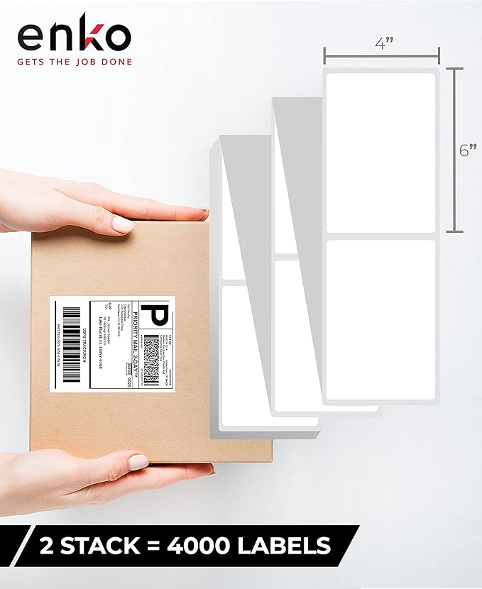 enKo 2 Stacks/4000 Labels 4" x 6" Fanfold Direct Thermal Label Compatible for Rollo Zebra Printer - Shipping Mailing Postage, Perforated, Permanent Adhesive (2 Label/Fold | 2000 Labels/Stack)