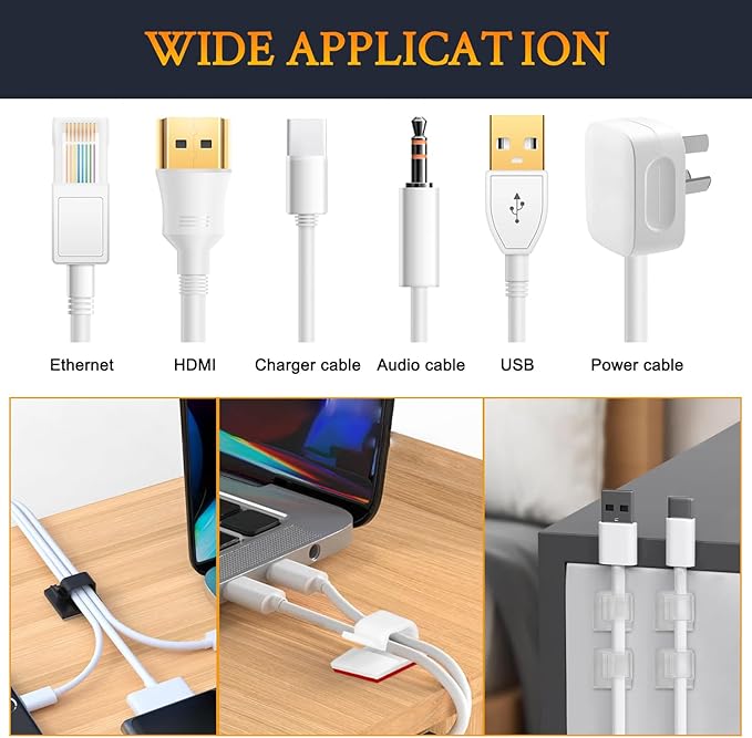SOULWIT 50 Pcs Self Adhesive Cable Management Clips, Cable Organizers Sticky Wire Clips Cord Holder for TV PC Laptop Ethernet Cable Desktop Home Office (Clear)
