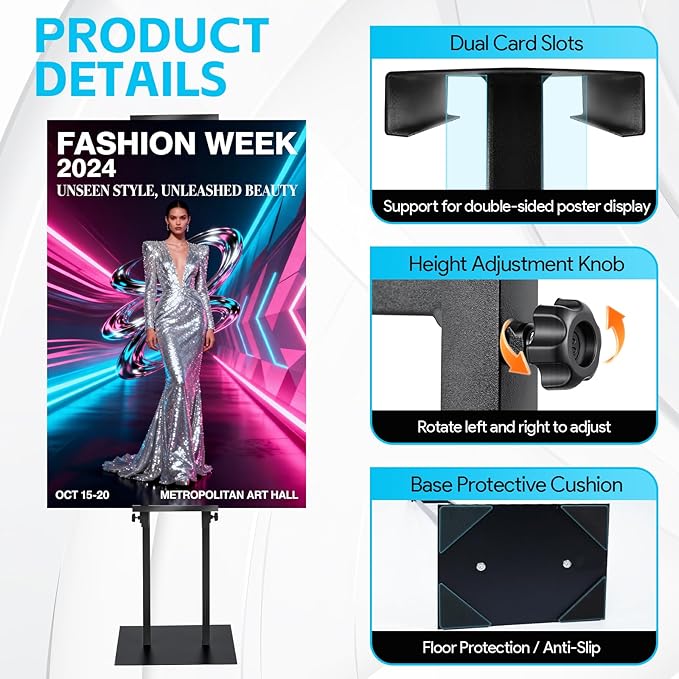 Noliven 4 PCS Adjustable Poster Stand, 43"-83" Adjustable Metal Sign Holder for Display, Double-Sided Freestanding Pedestal Sign Stand, for Restaurants, Parties, Cinemas and Outdoor, Black