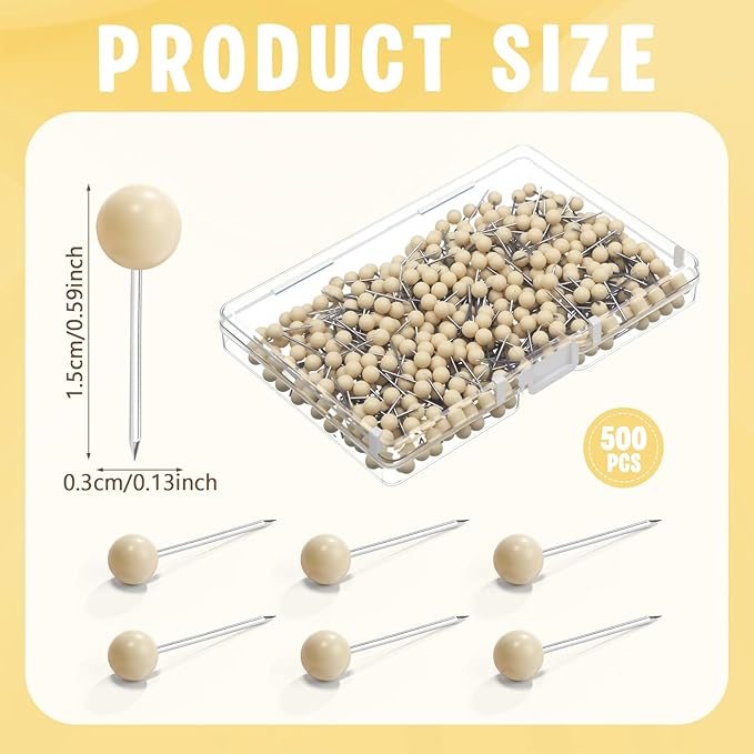 WILLBOND 500 Pack Map Push Pins Map Tacks Small Round Head Push Pins Thumb Tacks for Travel Picture Photo Bulletin Board Wall DIY Craft School Office Home(Beige,1/6 Inch)