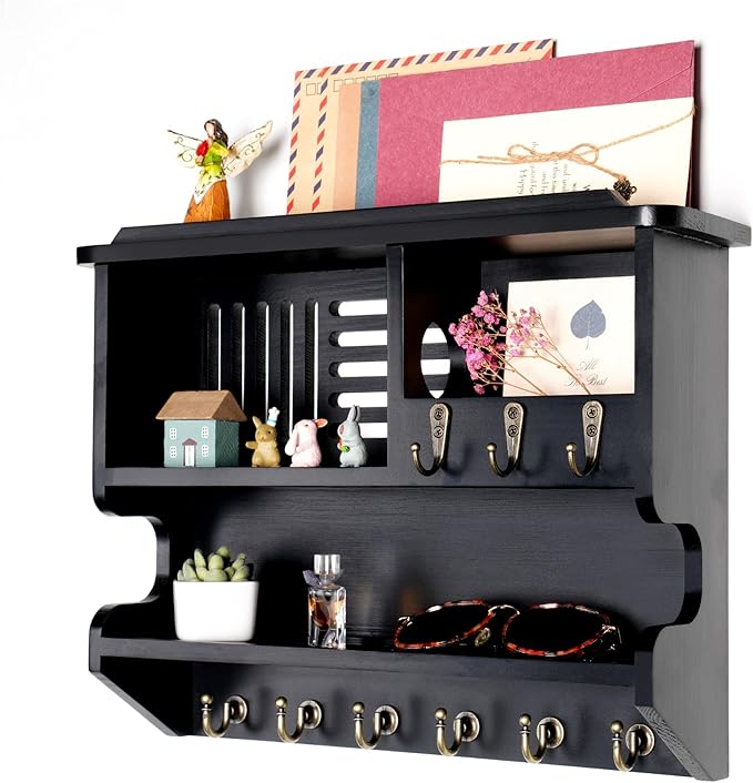 Mutsault Key Holder for Wall, Mail and Key Holder for Home Decor, Key and Mail Holder for Wall with Key Hooks, Black