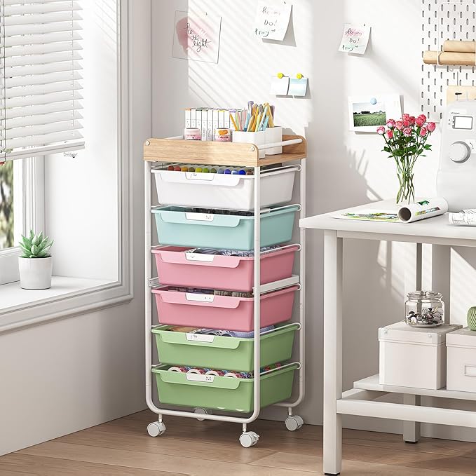 Rolling Storage Utility Cart With 6 Drawers,Art Supply Craft Organizer,Sewing Makeup Organizer And Storage,Office Organization Wooden Tabletop,Colorful