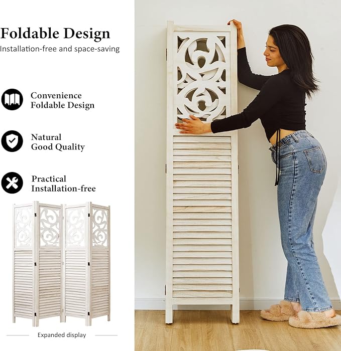Room Divider Wood Carved Wall Divider Indoor Folding Portable Partition Screen for Home Office Garden Terrace - 4 Panel, 67 * 60inch (White)