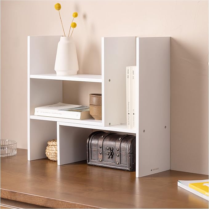 Navaris Desk Organizer Shelf Unit - Desktop Shelves for Table or Countertop - Free-Standing Adjustable Bamboo Shelving for Kitchen or Office - White
