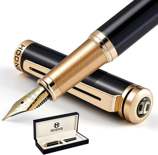 HDDNB Black Luxury Fountain Pen Set for Men and Women with Gift Box, 24K Gold Finish and Gilded Nib(Medium) with 5 Black Ink Cartridges and Converter