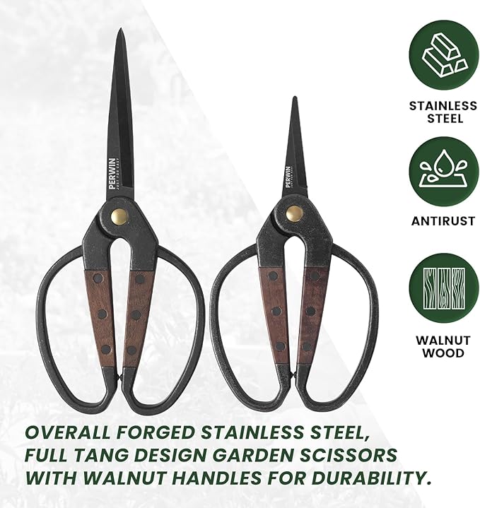 PERWIN Garden Flower Bonsai Scissors,Walnut Wide Handles Pruning Gardening Scissors Floral Shears for Gardening,Succulent Harvest, and Precision Plant Trimming Care