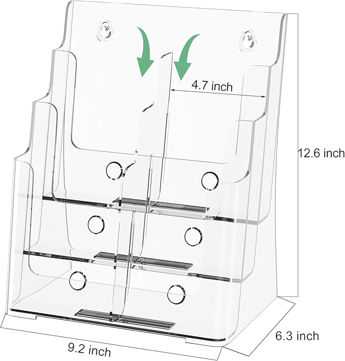 zavekia 3 Tier Acrylic Brochure Holder 8.5 x 11 inch, Clear Literature Organizer Magazine Stand with Removable Divider for 4 x 9 inch Brochures,Magazine Holder,Flyer Holder