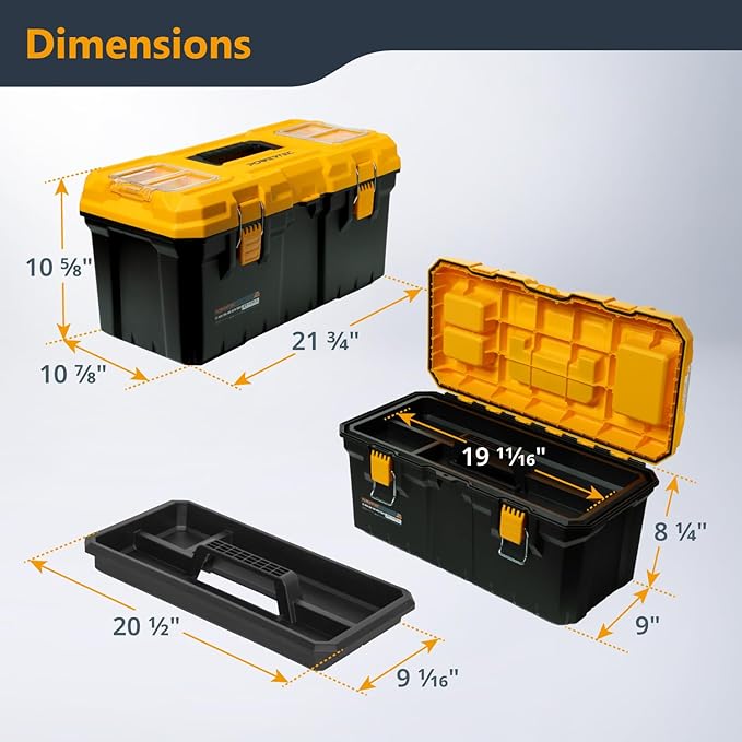 POWERTEC 22-Inch Tool Box with Trays - Lockable, Metal Latch, Organizer, Portable Storage for Tools, Small or Mid-Sized Parts (72363)
