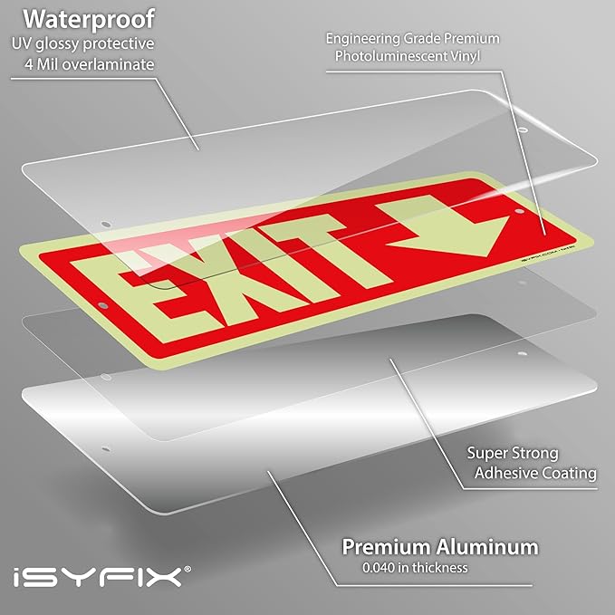 iSYFIX Exit Signs with Directional Down Arrow, Glow in the Dark, Photoluminescent Aluminum 12x4 Inch - 6 Pack, Laminated for UV & Weather Resistance, Ideal for Offices, Schools, Theaters & More