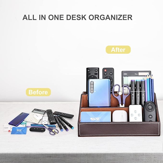 KINGFOM Pu Leather Desk Organizer with 5 Compartments Holder, Multi-Functional Office Supplies Storage Caddy for Pen/Pencil, Phones, Remote Controller and Desktop Accessorie Brown