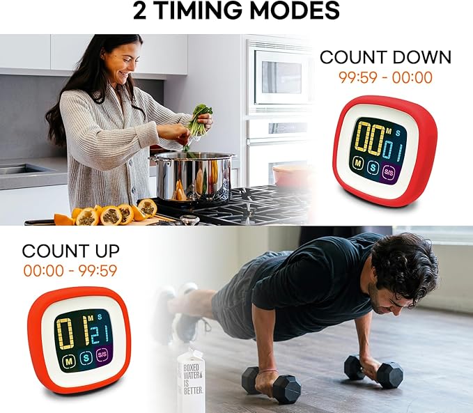 CREAVIVA Digital Kitchen Timer, Countdown, Countup, Protective Rubber case, Large Display with Color Bold Digits, Touch Control, Backlit, Magnetic Kickstand, Loud Alarm, Auto Memory (Hot Rose)