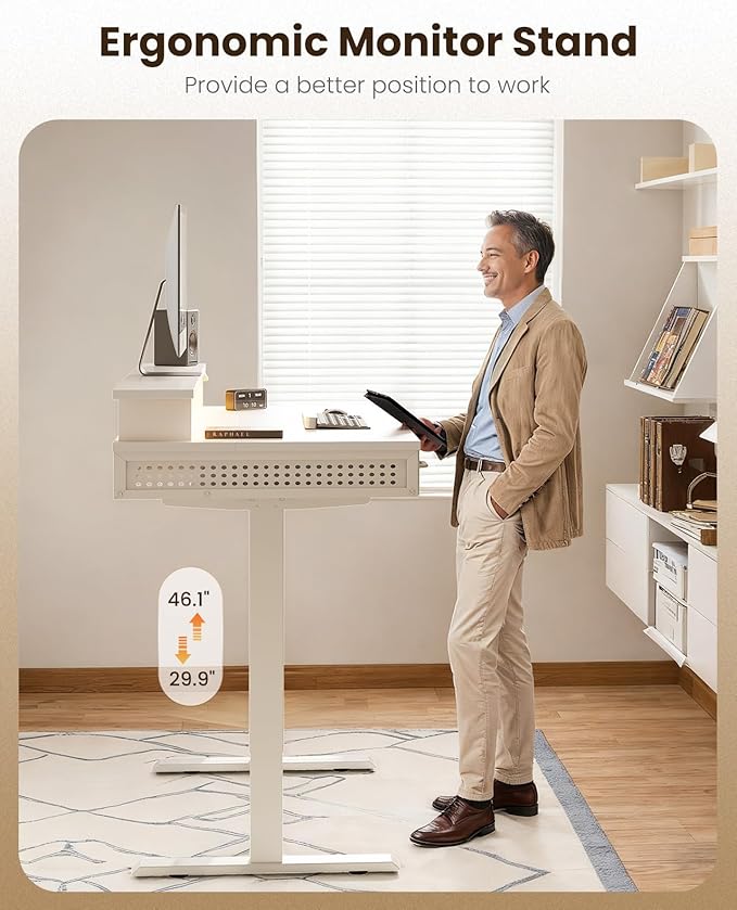 OffiGo Electric Standing Desk with 3 Wooden Drawers, 48 Inch Height Adjustable Desk with Power Outlets & LED Lights, White Sit Stand Table with Monitor Stand for Home, Office, Workstation