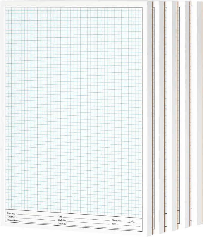 11x17" Graph Paper Pad, for Blueprint Drawings, Drafting, Engineering & Planning, with header for documentation. Quadrille grid paper pads with blue lines, high brightness, 50 sheets per pad (5 Pads)