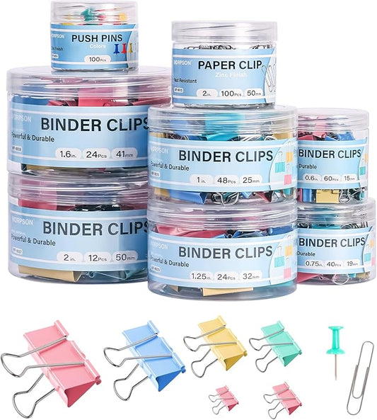 WORPSON 408 PCS Binder Clips Paper Clamps Assorted Sizes and Push Pins, Binding Paperwork Clamp Bulk, School Teachers Office Supplies (Multicolor)