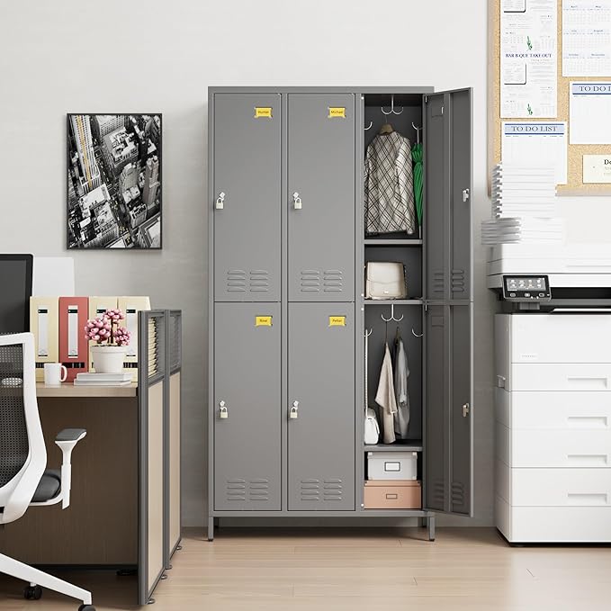 SUPEER 6 Doors Metal Lockers for Employees with 18 Hooks, Metal Employes Lockers with Ventilation Holes for School Garage Office Gym Home,Assembly Required,Dark Grey