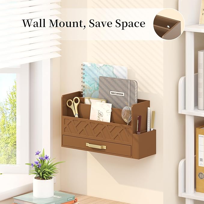 Wisuce Home Bamboo Desktop Organizer with Drawer,Bill & Mail Organizer for Office Desk, Wall Mounted and Countertop Mail Sorter,Workspace Storage Accessories Organizer for File Letter （Brown）