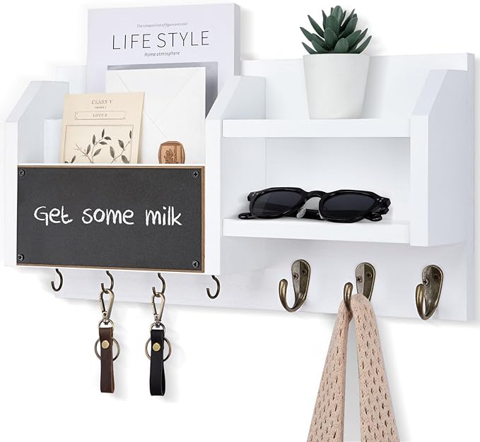 Lwenki Mail and Key Holder – Wall Mount Key Hanger with Shelf and 7 Metal Hooks – Decorative Natural Paulownia Wood Entryway Organizer with Mounting Hardware (16.5”W x 8.7”H x 3.5”D) (White)