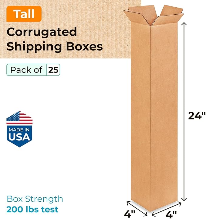 Tall Moving & Shipping Boxes 4"L x 4"W x 24"H (25-Pack) - Extra Strength 200 lb vs Regular - Corrugated Boxes for Packaging Moving - Durable Box for Shipping - Eco Shipping Box by IDL Packaging