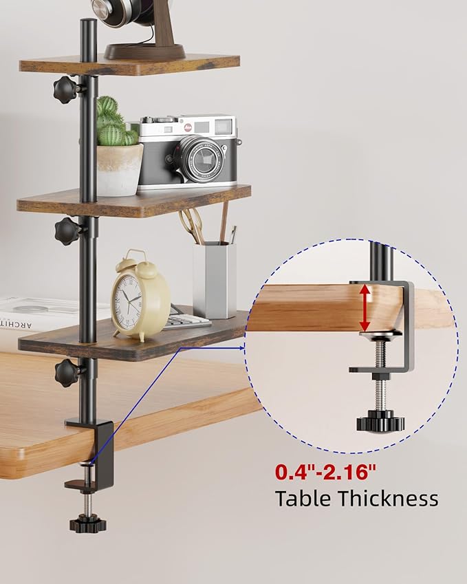 ART-GIFTREE 3 Tiers Clamp On Desk Shelf, 360¡ã Angle Adjustable Desktop Shelf Organizer for Home Office Gaming Room, No Drill Desk Extender Adapt to 0.4-2.16 inches Table Thick, Black Brown