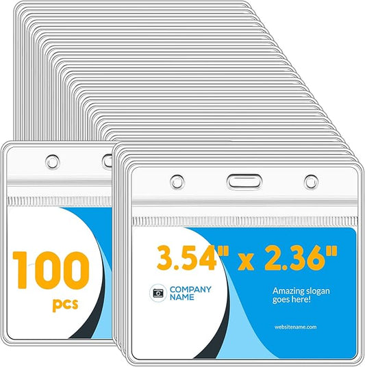 Marspark 100 Pieces Clear Plastic Horizontal Name Badge ID Card Holders with Waterproof Type Resealable Zip, 3.54 x 2.36 in, Transparent PVC Sleeve for Office Back to School Supplies