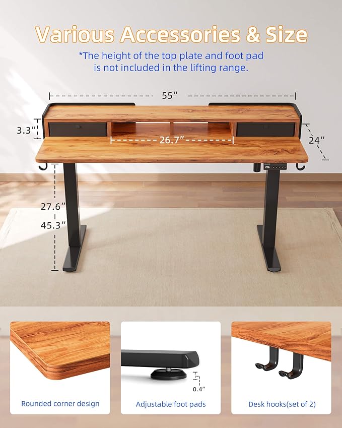 YIHAYO Electric Standing Desk with Drawers, 55 x 24 Inches Adjustable Desk with Storage Shelf, Stand Up Desk with Splice Board, Computer Table for Home Office, Black Frame/Rustic Brown Top