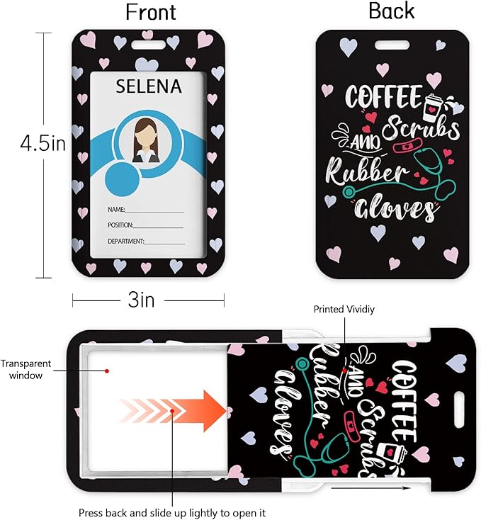 Funny Nurse Lanyards for ID Badges Name Tags ID Card Holder, ID Badge Holder with Breakaway Lanyard, Cute Badge Reel Badge Clip Retractable, Coffee Scrubs and Rubber Gloves (Black)