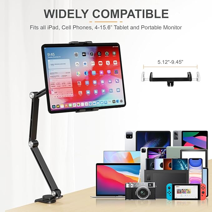 Houele Tablet Stand Holder, Adjustable Foldable Tablet Arm iPad Desk Mount with 360°Rotate Base, Phone Holder iPad Stand for Desk and Bed, Compatible with Tablets, Phones or Other 4-15.6" Device