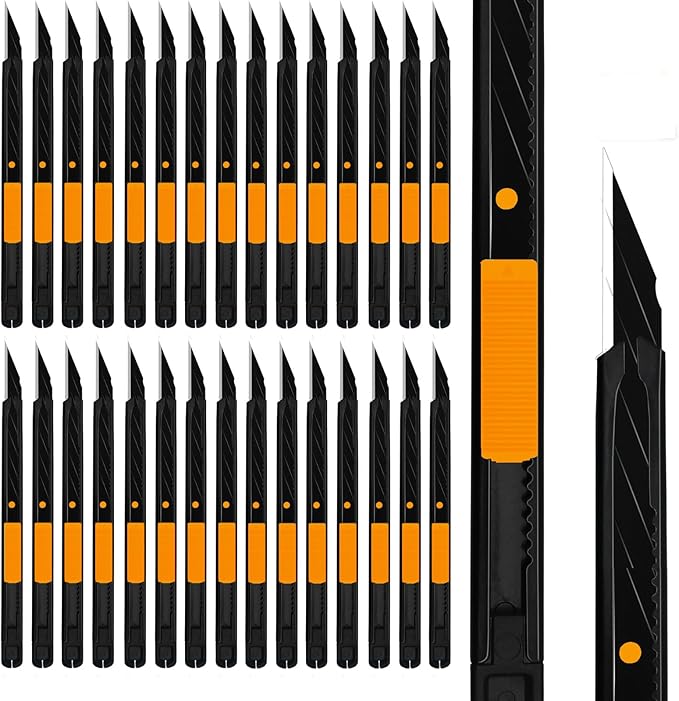 MANUFORE 30pcs Orange 9mm Snap-off Knives with Safety Auto-lock, Metal Handle, Black Blade, Lightweight Portable Retractable Cutter for office, school