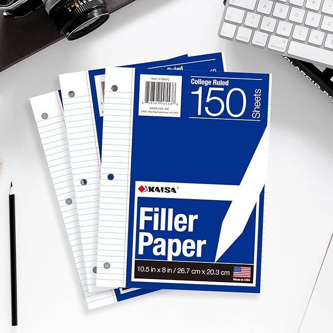 Kaisa3 Pack Notebook Paper College Ruled 3-Hole Punched Loose Leaf Paper 8x10.5 Lined Paper College Ruled Filler Paper for 3-Ring Binder Paper 150 Sheets/Pack (3 Pack-college) F15001C-3pk