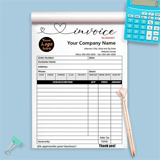 Custom Invoice Book in 3-Part /2-Part Receipt Book with Carbon Copies Personalized Carbonless Service Invoice Form Books Sales Order Book with Company Name Logo Address,F-Invoice Book