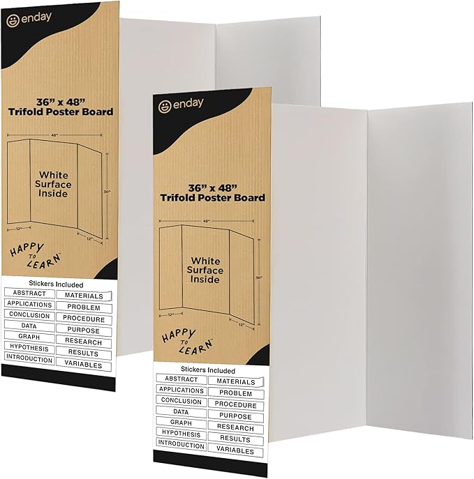 White Trifold Presentation Board 36" x 48" (Pack of 2) Self-Adhesive Science Subtitles Included - Display Exhibition Board Lightweight and Portable with Smooth Surface - By Emraw