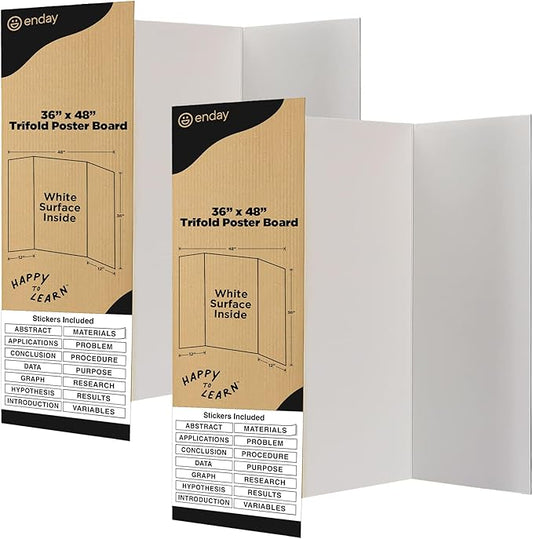 White Trifold Presentation Board 36" x 48" (Pack of 2) Self-Adhesive Science Subtitles Included - Display Exhibition Board Lightweight and Portable with Smooth Surface - By Emraw