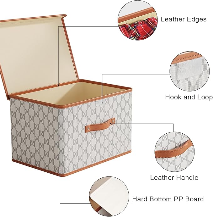 Tuza 4 Pack Fabric Storage Bins with Lids, Collapsible Closet Organizer Container, Decorative Storage Boxes with Lids for Organizing Clothes, Blanket, Grey & White, Extra Large