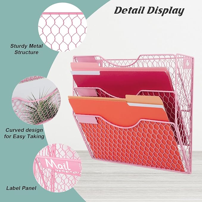 EASEPRES Mail Organizer Wall Mount Hanging File Holder Storage, Metal Chicken Wire Magazine Rack 3 Tier, Pink
