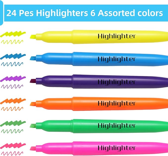Dacono Highlighters Assorted Colors, Highlighters for School with Soft Chisel Tips, Bible Highlighter No Bleed, Quick-Drying Highlighter Markers for Teacher Students, Classroom Must Have, 24 Pack