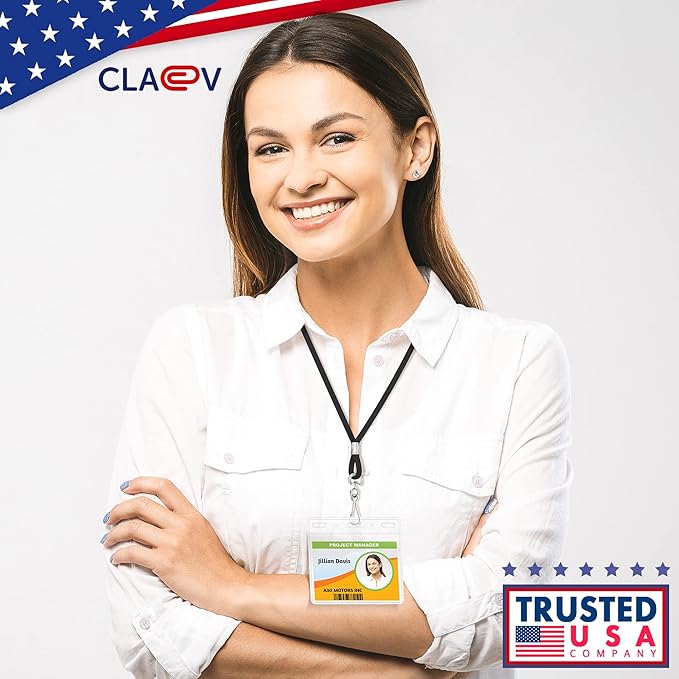 Claev - Horizontal Flexible and Tear Resistant Card Protector - Clear, 4x3 Inch, 100 Pack - Large Easy Open Plastic ID Name Badge Holders for Conferences, Conventions, Offices & Schools