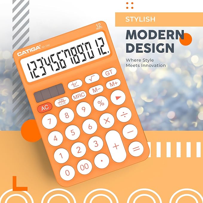 CATIGA 12 Digit Desktop Calculator Basic Desk Calculator with Large LCD Display, Big Buttons, 4 Function, Solar and Battery Dual Power, for Office, School, Home, SD-1292 Orange
