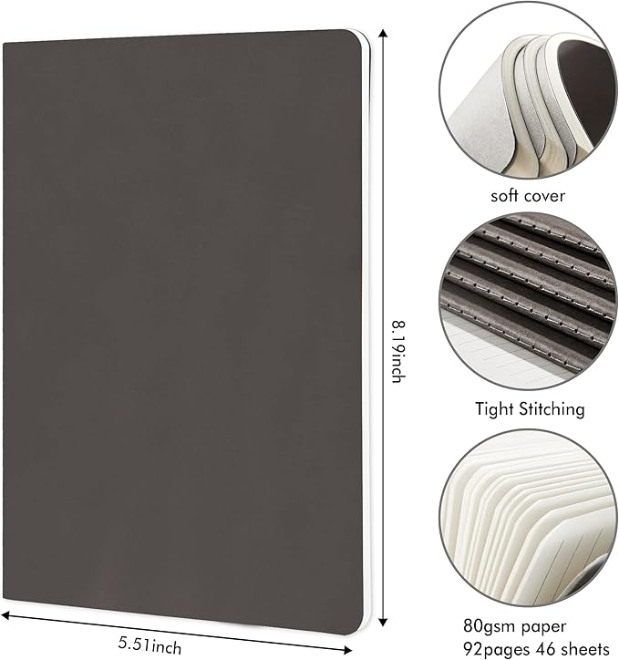 8 Pack Soft Cover Journal Bulk, Feela Notebooks College Ruled for Work, Lined Travel Journal for Women Men, Note Taking Notebook School Supplies Business Writing, 8.2” x 5.5”, A5, Gray