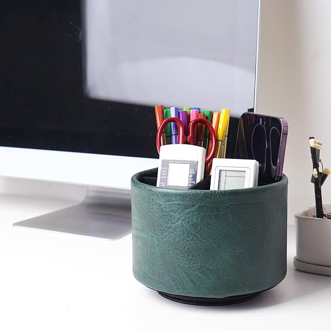Hennaja Round Leather Art Supply Organizer,Remote Control Holder,360 Degree Spinning,Multi-Functional Pencil Holder,4 Compartments Desktop Stationary Organizer(1-Crazy Green)