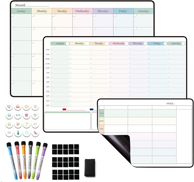 Magnetic Dry Erase Weekly Planner Whiteboard Monthly Calendar for Fridge, Schedule Board, Menu Board, to DO and Chore List for Family
