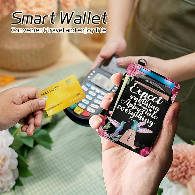 BWEGRHE Small Travel Wallets, Humingbird Flower Slim Minimalist Front Pocket Wallet with Wristlet, RFID Blocking PU Leather Credit Card Holder with ID Window Change Purse for Men Women
